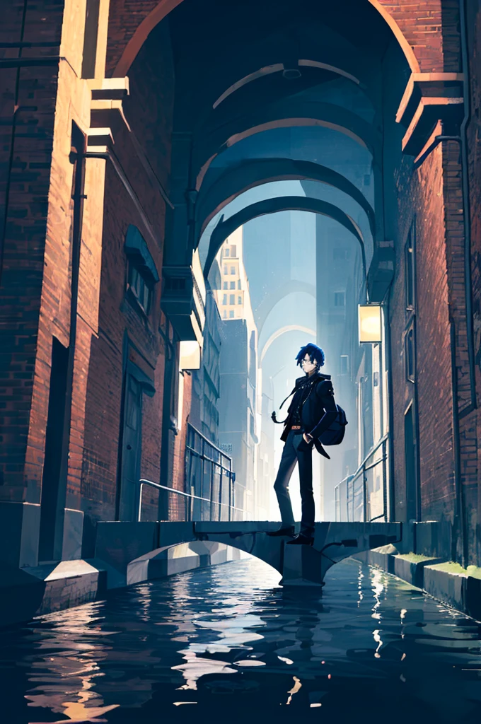 (underground waterway Background), masterpiece, best quality,Illustration, Wallpaper, ultra detail, absurdres, 1man, solo,adult guy, beautiful detailed eyes, cowboy shot, short hair, black knight guy,blue hair,  (city background:1.5),( furious),fantasy knight clothes with gold decorations,(adult),(20 years old),smile,detailed background,underground waterway,((dark place)),((dark place)),((dark place)),((dark place)),((Dark underground canals where light does not reach)),