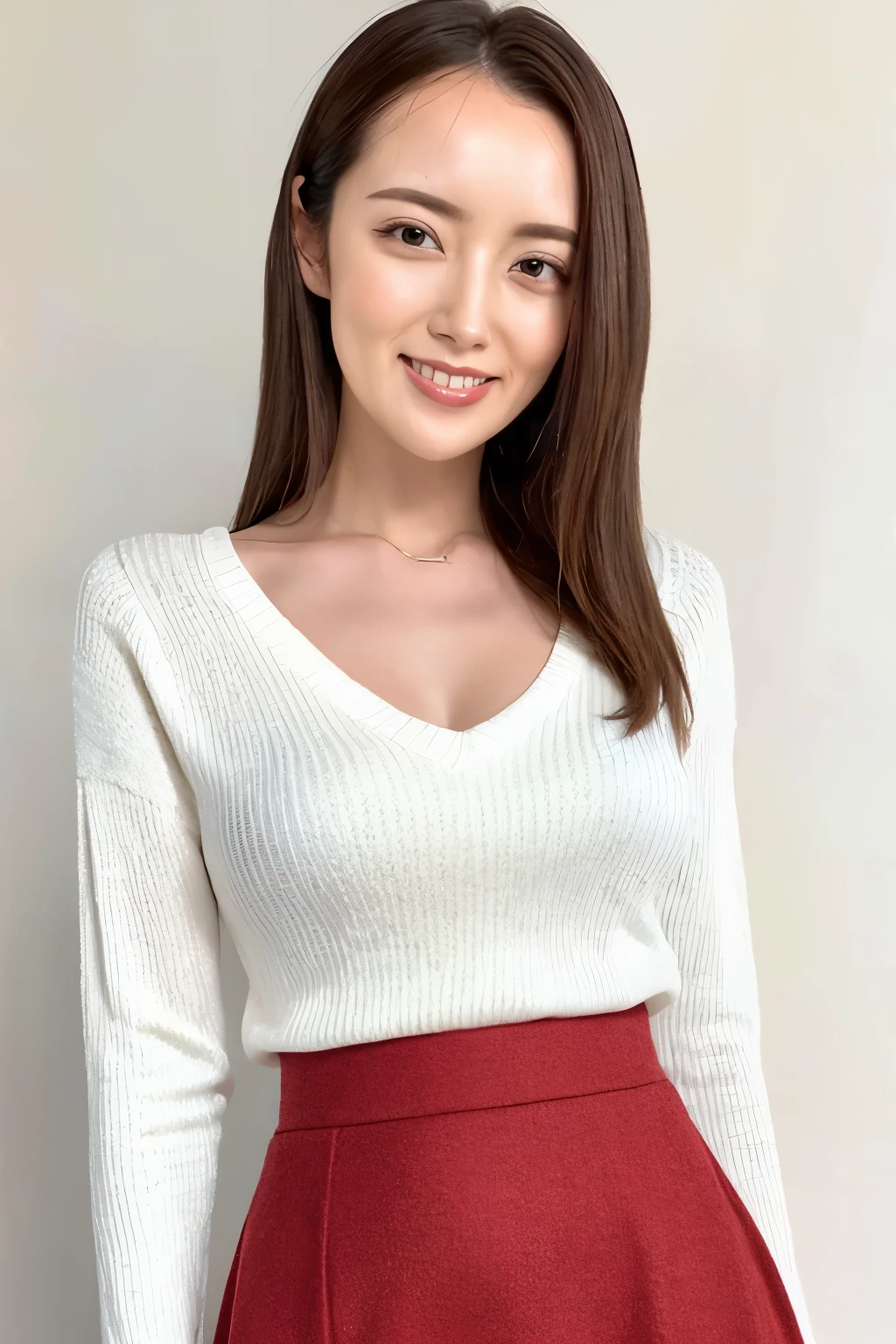 Highest quality、Tabletop、Best image quality、Award-winning works)、 pretty girl、(Elegant white V-neck knit sweater:1.2)、(An elegant skirt made of red Melton fabric..:1.2)、Perfect girl portrait photo、Glowing Skin、Standing Elegantly、(The simplest blurry background:1.1)、Glowing White Skin、Very white skin、smile、Small cleavage、Upper body photo