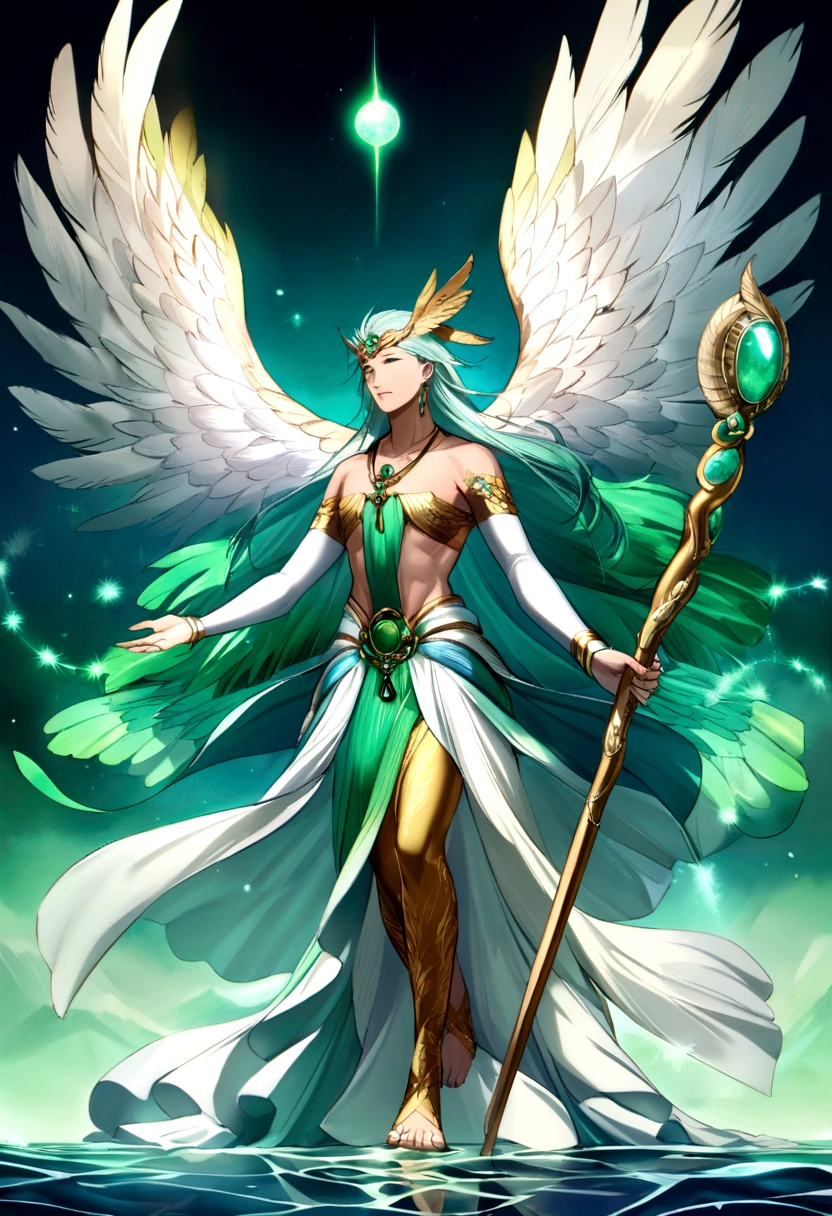Kukulkan, the Feathered Serpent of Mesoamerican mythology, manifests in a regal and awe-inspiring form. Adorned in garments of vibrant feathers that shimmer with iridescent greens and blues, he embodies the divine essence of the wind and sky. His serpentine features are depicted with graceful scales of jade and emerald, reflecting his association with life, renewal, and the natural world.
Golden jewelry embellishes his form, intricately crafted to represent celestial bodies and the cycles of time. Kukulkan's eyes, like polished obsidian, convey both wisdom and serenity, mirroring the tranquil depths of the cosmos. Around his neck, he wears a pendant shaped like a quetzal bird, symbolizing his connection to the heavens and earth.
In his hands, he holds a staff adorned with feathers and jade, a symbol of authority and power over wind and storms. Kukulkan moves with a majestic grace, his presence evoking reverence and harmony with the natural world. As the Feathered Serpent, he embodies the balance between earthly life and celestial realms, revered as a benevolent deity and a bringer of prosperity and abundance