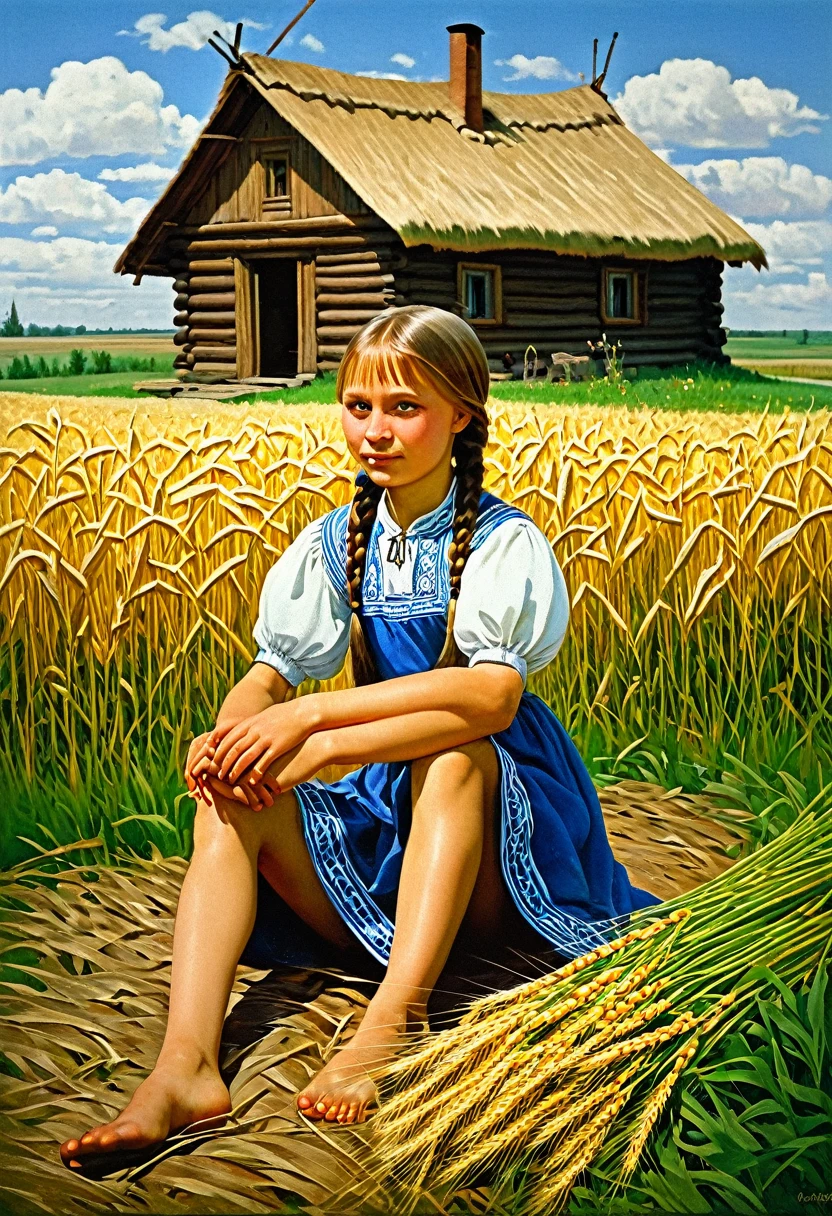 painting of two , a girl and a boy in a field, a beautiful sister with a long braid sits on the grass, holding a little b standing next to her, far in the background is a wooden hut, Slavic folk tale, Igor Grabar, traditional Russia, Mikhail Lebedev, Russian folk tale, Andrei Ryabushkin, on a wheat field, by Nadya Rusheva, Vladimir Baranov-Rossin, Slavic style, Laszlo Balogh
