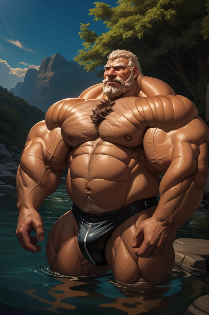(best quality,4k,8k,highres,masterpiece:1.2),ultra-detailed,(realistic,photorealistic,photo-realistic:1.37),dramatic lighting,chiaroscuro,atmospheric,moody,cinematic. huge muscular old man in beach, white and short hair, white beard, old, old man, (chest hair, pubic hair,) grandpa, half submerged, huge scar on chest:1.2, (huge muscular), detailed muscles, 8k, masterpiece:1.2, hyper realistic, white fundoshi:1.2, highly detailed full body, ((really big muscle, massive muscular, sixpack, thick arms, wide pectoral, super huge muscle, hyper muscular, submerged, over sized muscle, huge arms, big arms, huge pectoral)), landscape, soft ambient lighting, wrinkled skin, happy expression, reflective water, peaceful relaxation