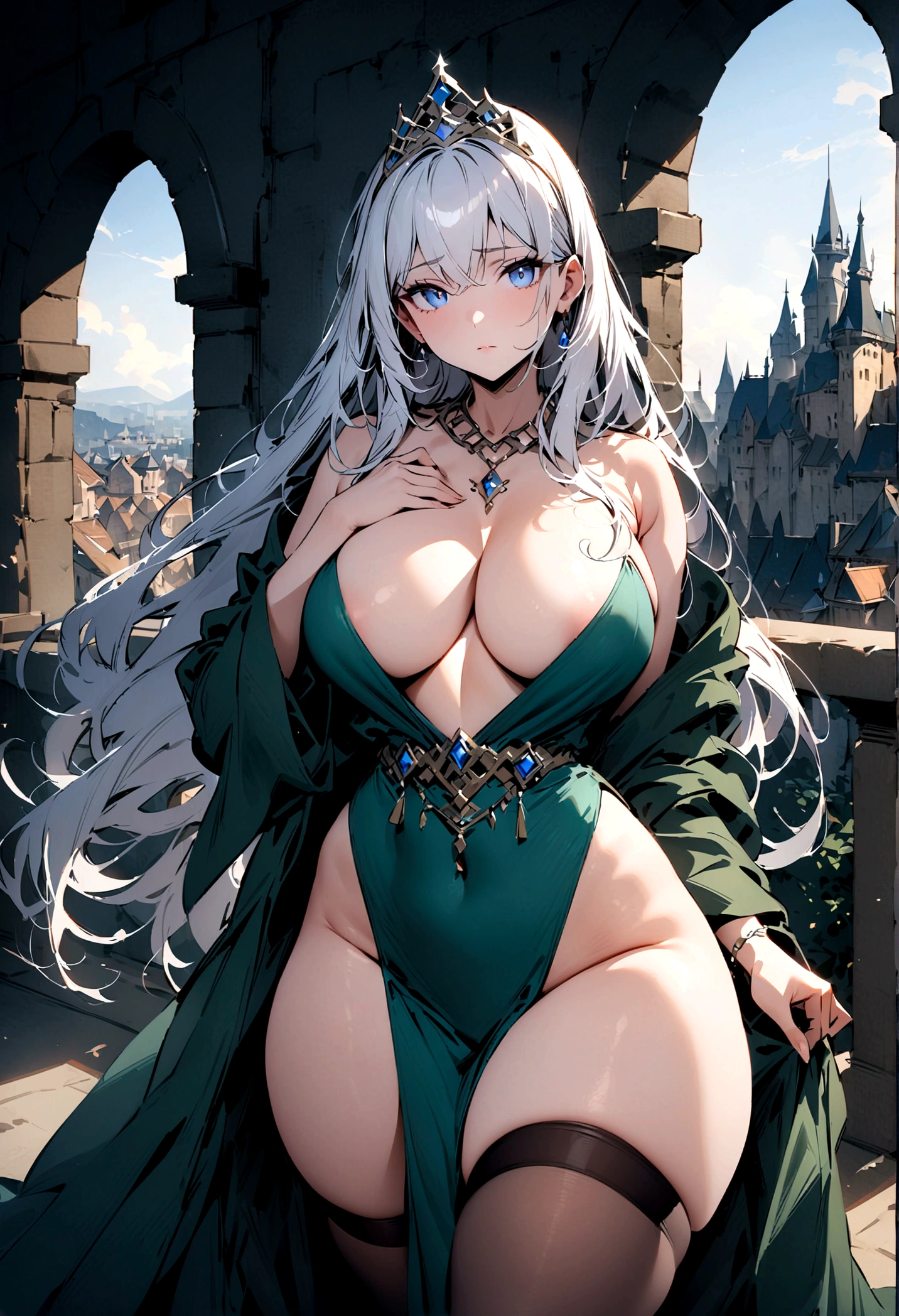 milf, 30 years old, (highres, masterpiece:1.2), white hair, robe, green robe, (large breasts), thick thighs, standing, pelvic curtain, tiara, thighhighs, v-neck, strapless dress, blue eyes, expressionless, long hair, castle in background, balcony