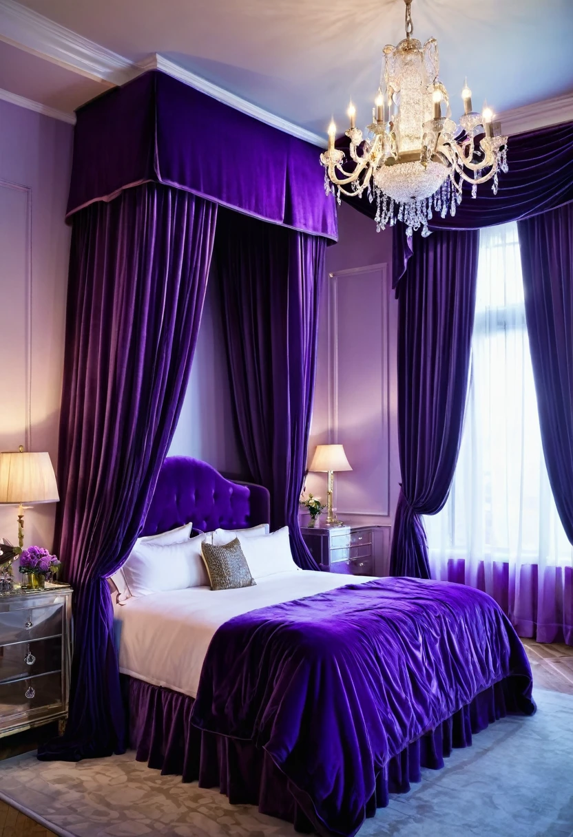 A luxurious bedroom, bathed in a sea of purple, exudes an air of romantic indulgence. The plush velvet bed, draped in flowing curtains, invites a peaceful retreat, while the shimmering chandelier casts a soft, ethereal glow upon the space.