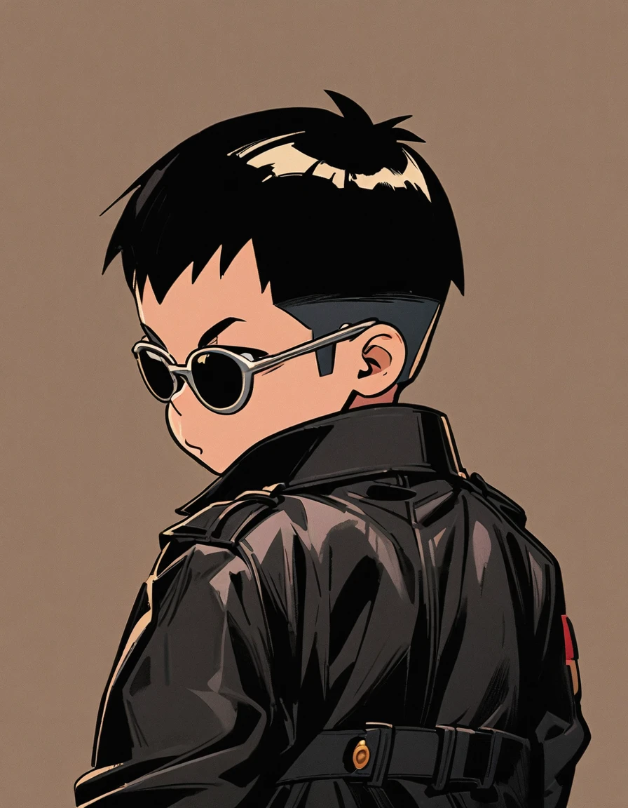 漫画城市猎人style，5-year-old baby boy，Black trench coat，sunglasses，Big back，Full body portrait，cool，Japanese manga artist Hojo Tsukasa&#39;style，OC Renderer，light，very good，Very detailed，CG art，