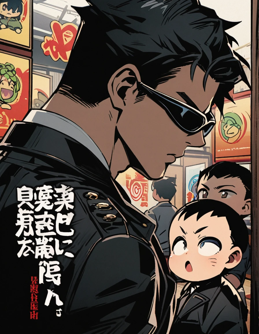 漫画城市猎人style,5-year-old baby boy,Black trench coat,sunglasses,Big back,Full body portrait,cool,Japanese manga artist Hojo Tsukasa'style,OC Renderer,light,very good,Very detailed,CG art,