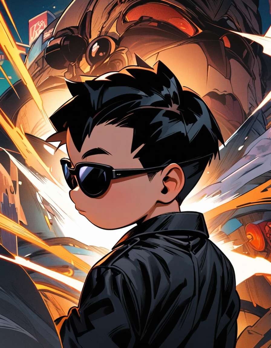 漫画城市猎人style,5-year-old baby boy,Black trench coat,sunglasses,Big back,Full body portrait,cool,Japanese manga artist Hojo Tsukasa'style,OC Renderer,light,very good,Very detailed,CG art,