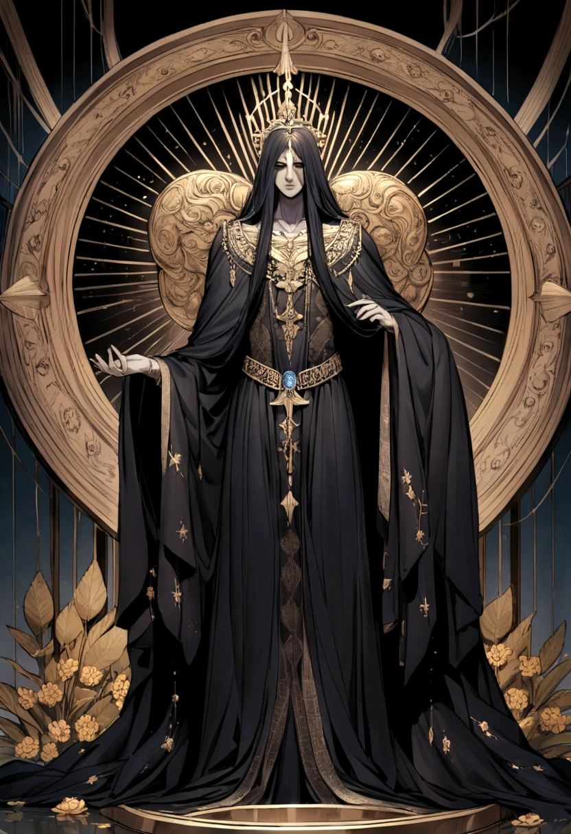 Hades, the enigmatic ruler of the Underworld in Greek mythology, appears as a figure of dark and brooding majesty. Clad in robes of deepest black, adorned with shimmering threads of silver that resemble the starry night sky, he commands a presence that is both feared and respected. His piercing eyes, the color of obsidian, gleam with an otherworldly wisdom and a profound understanding of the mysteries of life and death.
Around his shoulders hangs a mantle woven with shadows, symbolizing his dominion over the realm of the dead and the unseen. Hades' hair, as dark as the abyss itself, falls in tresses around his face, framing features that are both stern and contemplative. His posture is regal and composed, reflecting the solemn responsibility of his role as the guardian of souls.
In one hand, he holds a scepter forged from ebony and adorned with a gleaming gemstone, representing his authority over the spirits of the departed. The air around him is cool and still, carrying with it an aura of quiet power and eternal vigilance. Hades' presence evokes both fear and reverence, embodying the inevitability of death and the enduring cycle of life in Greek mythology