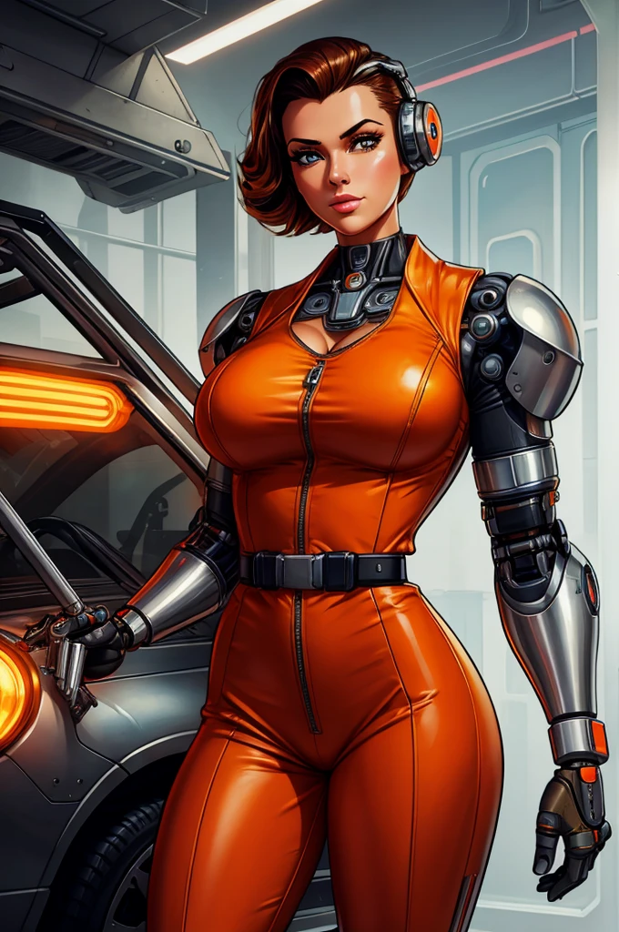 gorgeous mechanic, atompunk, blank background, retro-futurism, mechanical hand, cybernetic augments, orange jumpsuit, gunmetal grey, cleavage