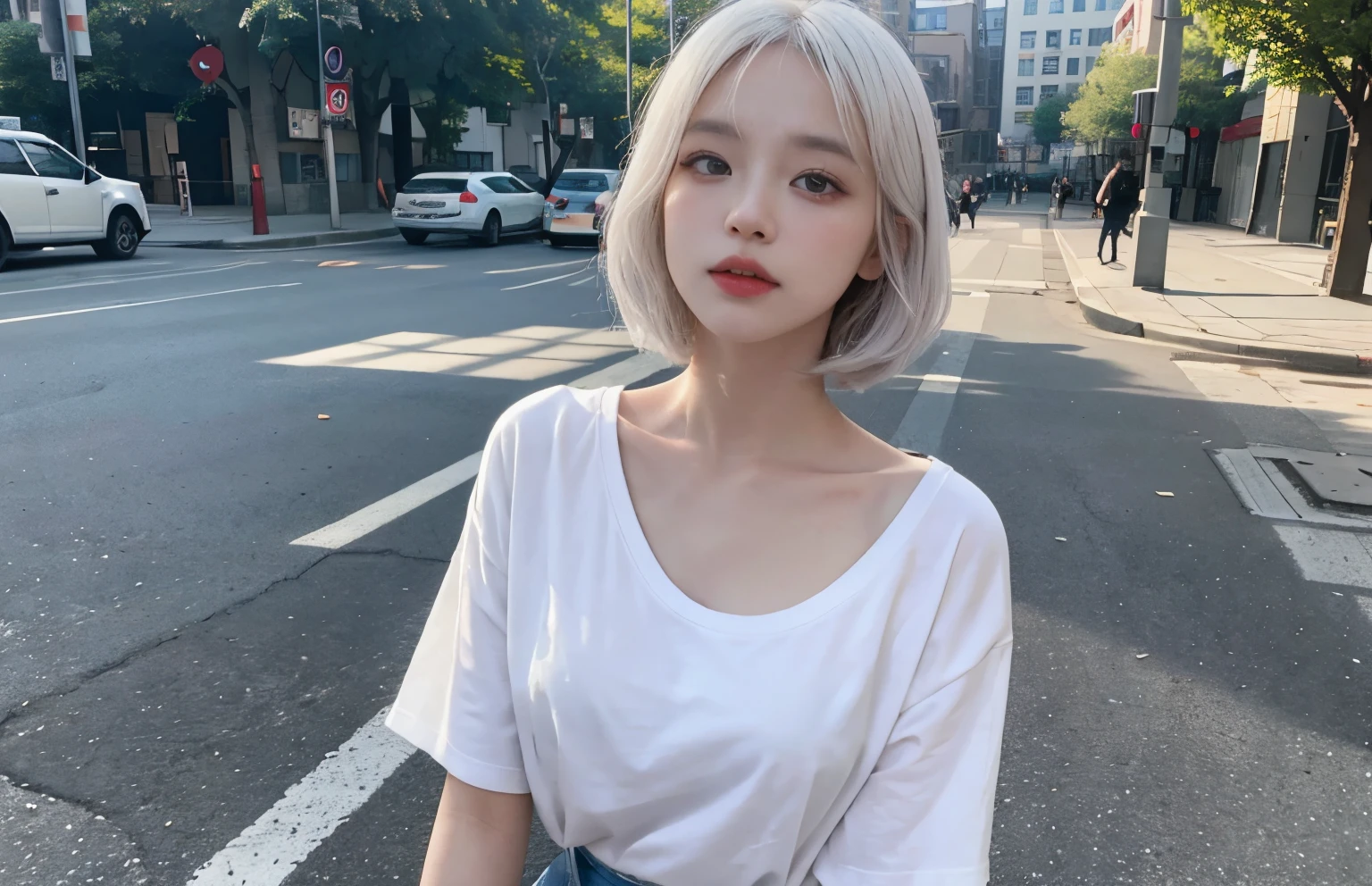 Top image quality、Raw photography、超A high resolution、24-year-old Korean、The most beautiful forms chaos、elegent、Brutalist design、Vibrant colors、a short bob、shiny white skin、Beautiful eyes with  灰色 colors、very thin elongated eyes、pale pink blush、long eyeslashes、Beautiful double eyelids、eyeshadows、bright white hair、a park、flat chest、Street Snap、Jeans on a t-shirt、twilight、