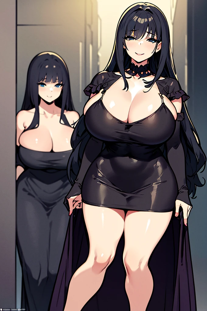 masterpiece:1.2, 1 woman, 20 years, dark souls style, woman in gown, Cinematic goddess close-up, cinematic lighting, (Best lighting) huge breasts, black hair, shadows, massive breatsss, SFW, covered, milf, seductive look, smile, mole, looking at viewer, extremely detailed, fine art, coloured. clothes