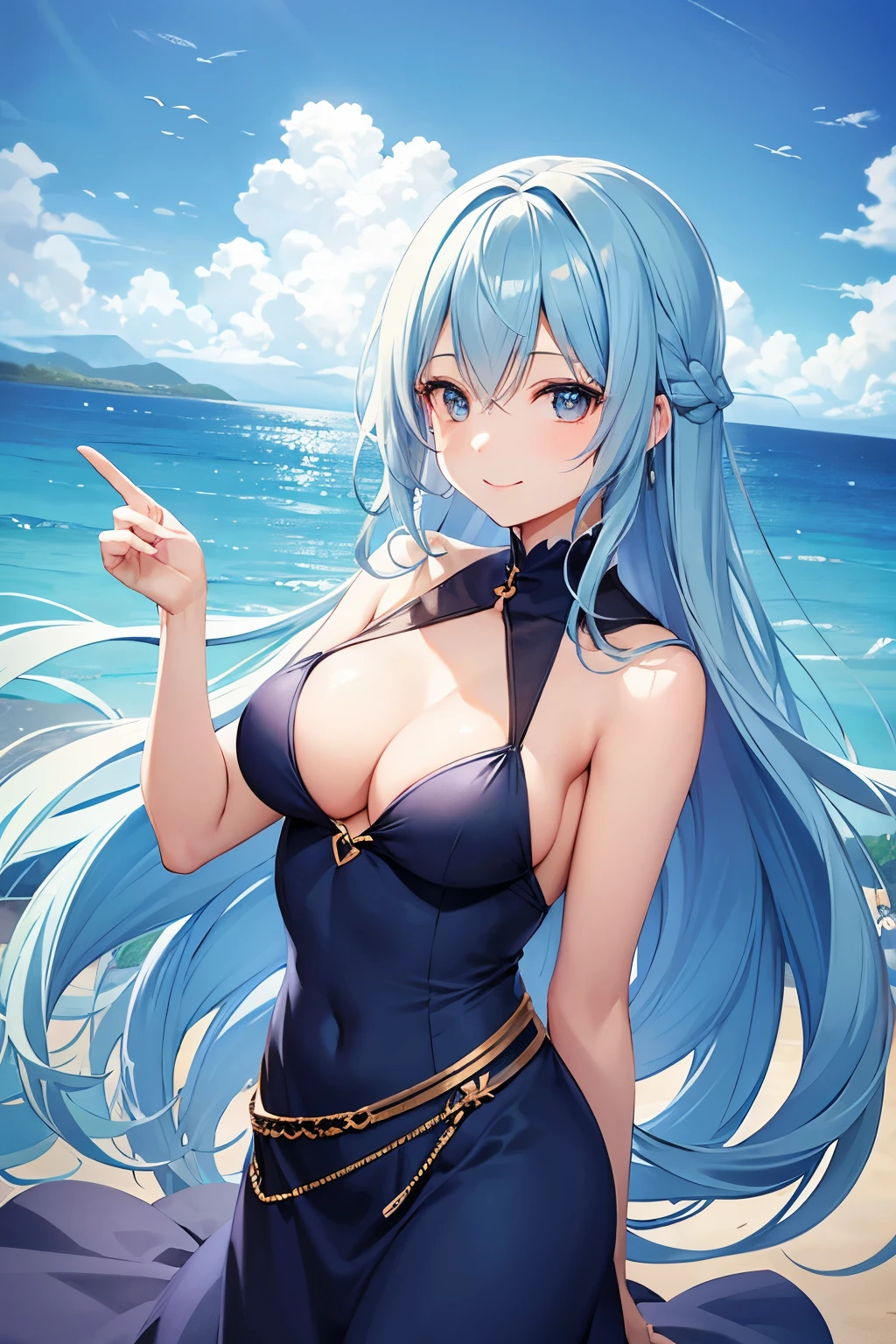 cute beautiful woman、Anime Women、smile、Happy gesture、Hair is light blue and long、Beautiful big eyes、Sleeveless dress、The background is the sea、Small