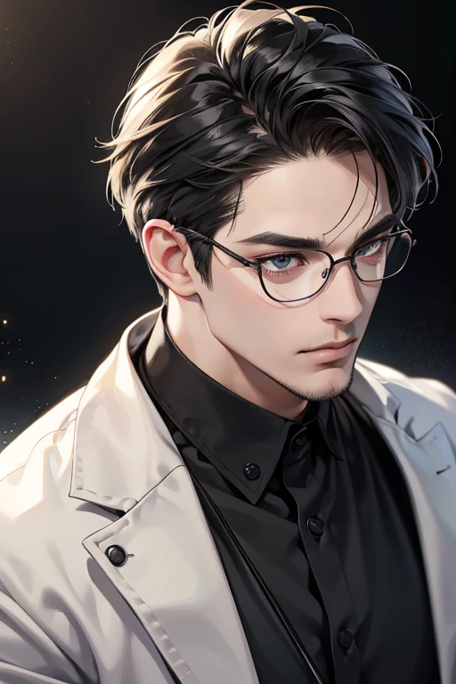 (Best quality,4K,8K,a high resolution,masterpiece:1.2),ultra detailed,(realistic,photorealistic,photo-realistic:1.37),39 year old man,3 day beard,Beautiful anime,portraits,strong,masculine,dark hair,Sharp jawline,Mesmerizing eyes,Perfectly styled hair,cool anime outfit,confident expression,bright colors,dynamic lighting, grey eyes, (black shirt, glasses on face)