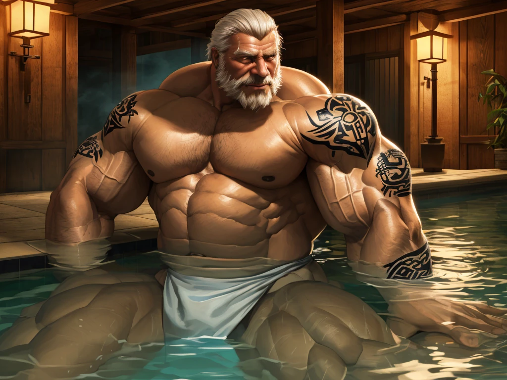 (best quality,4k,8k,highres,masterpiece:1.2),ultra-detailed,(realistic,photorealistic,photo-realistic:1.37),dramatic lighting,chiaroscuro,atmospheric,moody,cinematic. huge muscular old man soaking in an pool, swimming pool, white and short hair, white beard, old, old man, grandpa, half submerged, (huge muscular), (yakuza tattoo:1.2), detailed muscles, 8k, masterpiece:1.2, hyperrealistic, white fundoshi, highly detailed full body, really big muscle, massive muscle, thick arms, wide pectoral, submerged, soft ambient lighting, wrinkled skin, tranquil expression, reflective water, peaceful relaxation