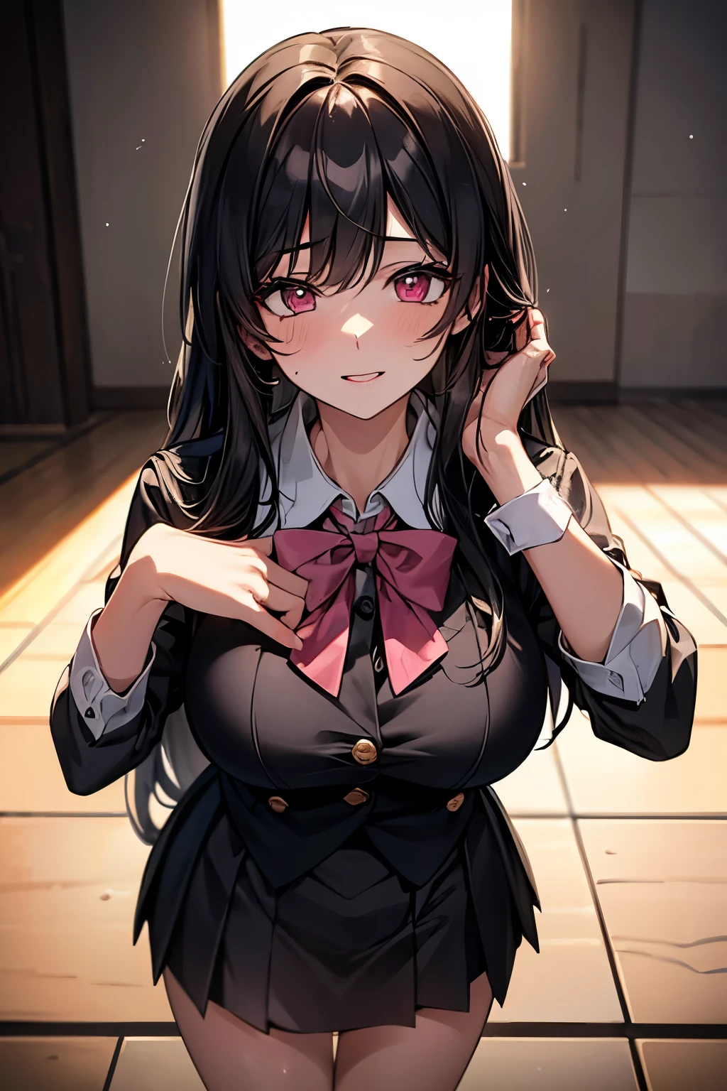 (best quality:1.1), (Masterpiece:1.2), lady, long hair, black hair, Hair bow, pink eyes, big breasts:1.2, beautiful, cute, Bright face, Good mood, high school girl, student uniform set, Sweating, wet, ริมฝีปากอมชมพู, ((Highest quality, Best Performance, Maximum details, Light and shadow details:1.2, 4k details))