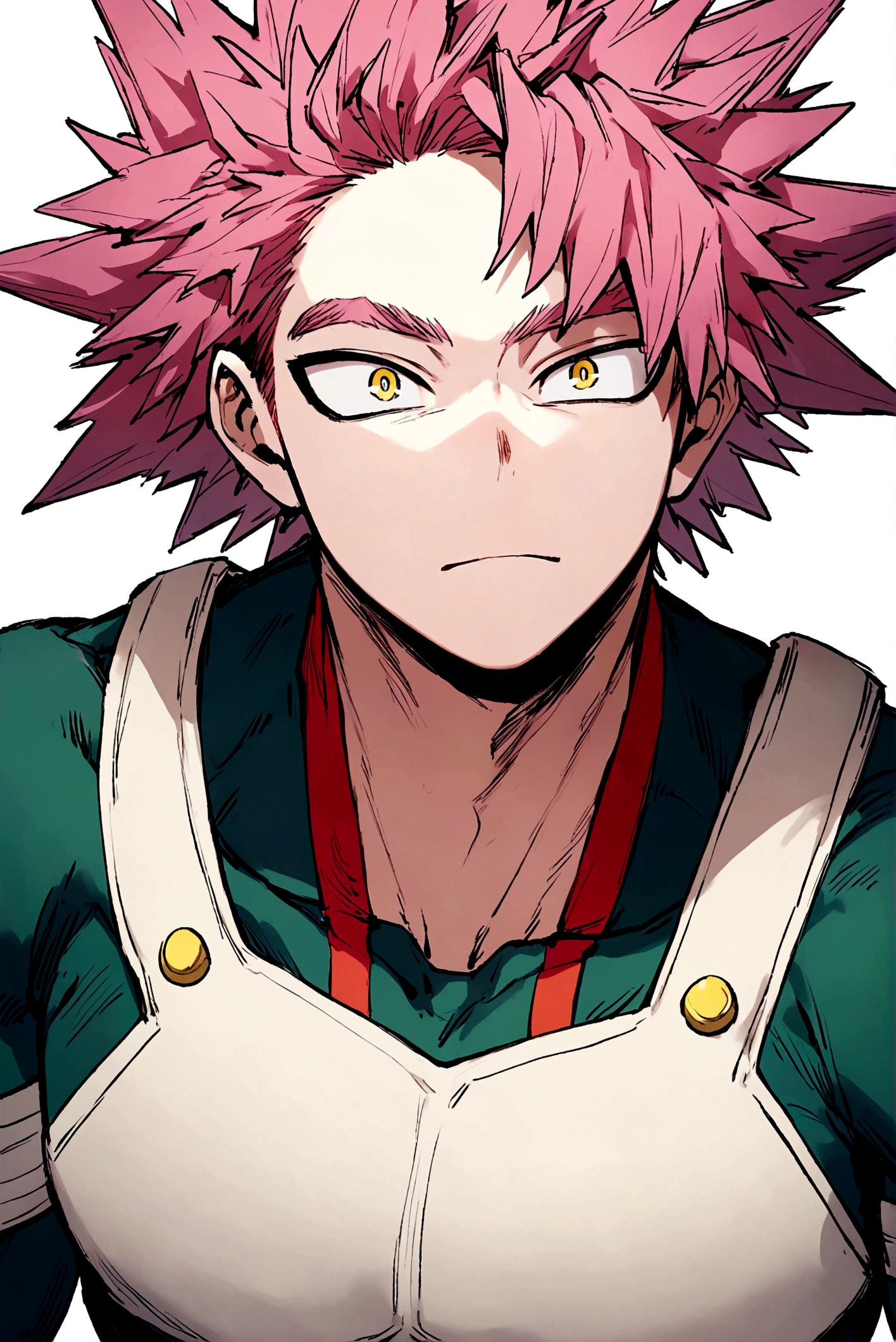 My hero academia, male, dark long pink spiky hair and yellow eyes, soft face