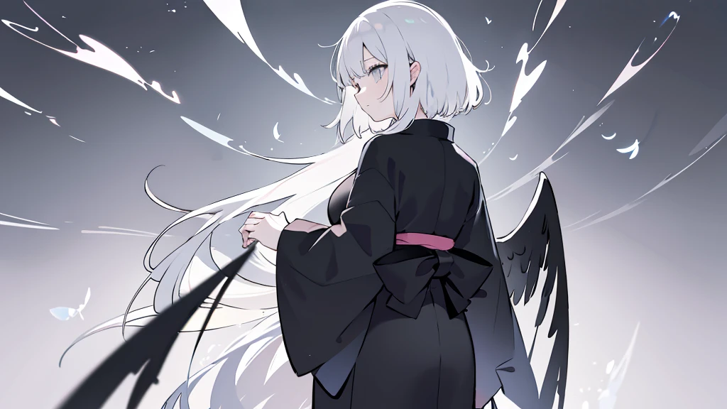 Standing Woman,Black wings on the back,Fluttering back,kimono,force,cool,Gray background