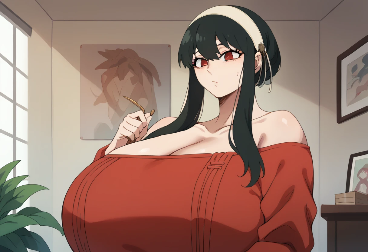 YorForger,1girl,black hair,red eyes,short hair with long locks, white hairband, off shoulder,red sweater, huge breasts, milf, massive breasts, S2Z0n1c21.5XL style,
