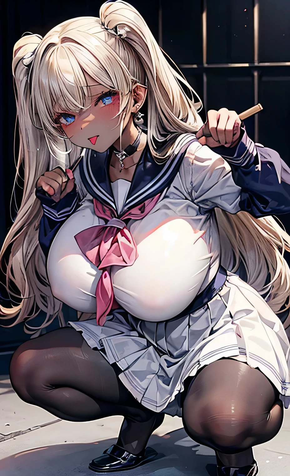 (masterpiece:1.2、Highest quality、Tmasterpiece)、(1 female)、alone、classroom、Day、(Squat:1.2)、whole body、beauty、blonde、Twin tails、blue eyes、(Sailor suit:1.4)、(Dark Skin:1.4)、break、Big Breasts、Long sleeve、Earrings、lipstick、(pantyhose:1.2)、weaty、choker、blush、Covered breasts、Bangs braids、(Thick lips:1.2)、((Stick out your tongue:1.1)),(Spit drips:1.2)、(Pet poses)