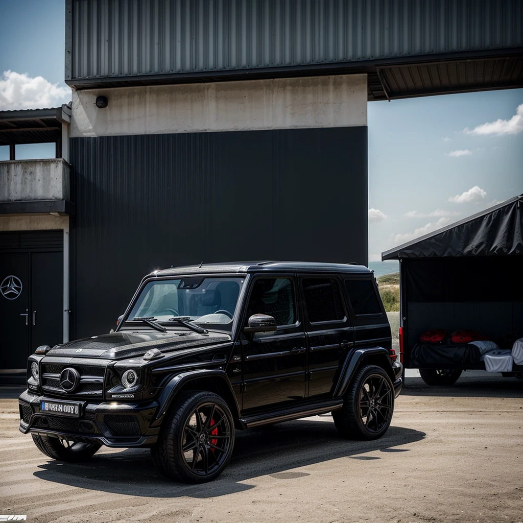 Black Brabus, Brabus G Wagon, Mercedes, Ideal for short drives to the beach, embodying luxury and performance, Taking my elite team from a to b, surfboards in the background, (brotherhood, group of elite men) muscular, sporty, rich, luxury, beach, sun, fitness, 