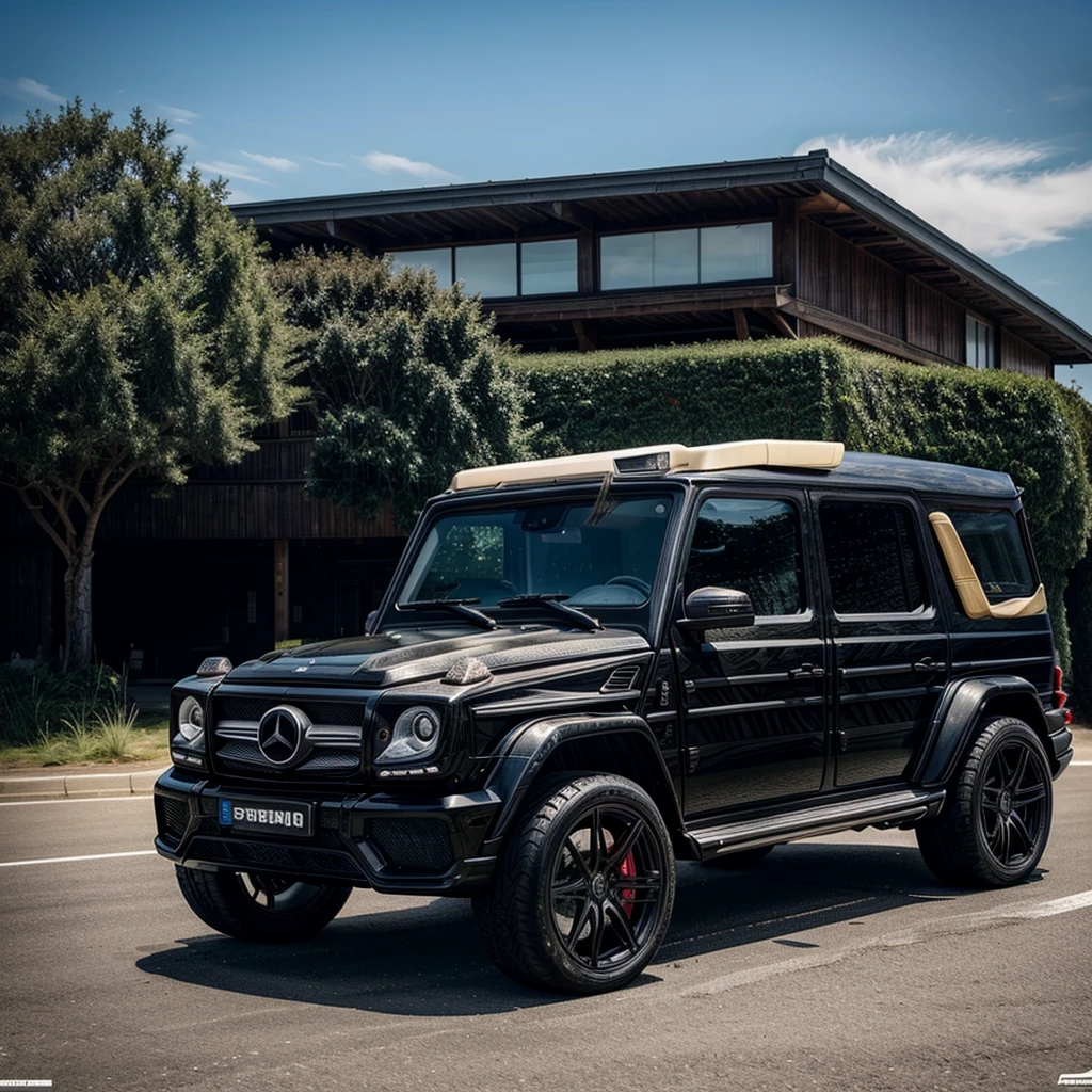 Black Brabus, Brabus G Wagon, Mercedes, Ideal for short drives to the beach, embodying luxury and performance, Taking my elite team from a to b, surfboards in the background, (brotherhood, group of elite men) muscular, sporty, rich, luxury, beach, sun, fitness, 