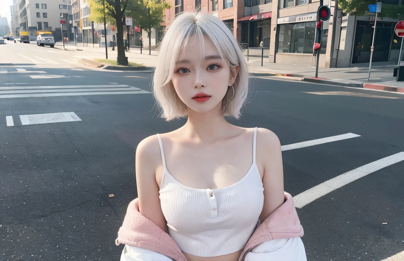 Top image quality、Raw photography、超A high resolution、24-year-old Korean、、Dynamic angles、Cowboy Shots、The most beautiful forms chaos、elegent、Brutalist design、Vibrant colors、a short bob、shiny white skin、Beautiful eyes with 灰色 colors、very thin elongated eyes、pale pink blush、long eyeslashes、Beautiful double eyelids、eyeshadows、bright white hair、a park、flat chest、Street Snap、Various clothes