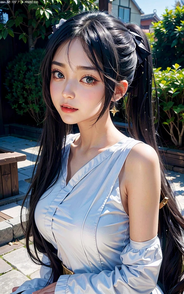 Mona from Genshin Impact, 18 years old girl, (Raw photo, Best Quality), (Realistic, Photorealsitic:1.3), masterpiece, Extremely delicate and beautiful, Soft light, (beautiful black twintail hair, Shoulder-length straight hair swaying in the wind), Beautiful detailed girl, (Detailed fingers), extremely detailed eye and face, beautiful detailed nose, Beautiful detailed eyes, 1 girl, Japanese, Neat and clean beauty, Cute, young, (big breasts), Realistic face, Realistic body, cute smile