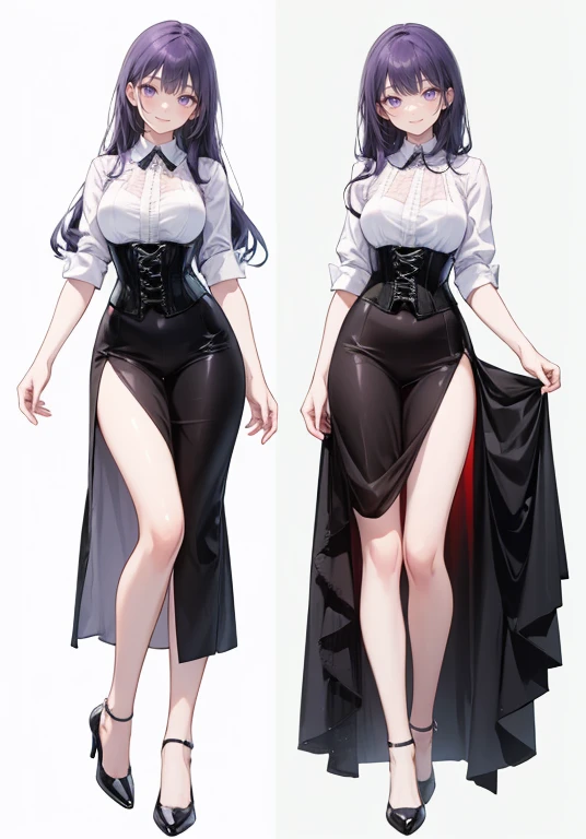 purple,long hair,woman,(corset),Shirt with rolled up sleeves,((Roll up your sleeves)),high heels,,simple background,smile,whole body,full body,full body,Standing picture,vtuber,upright,,Standing upright with face and body facing forward,