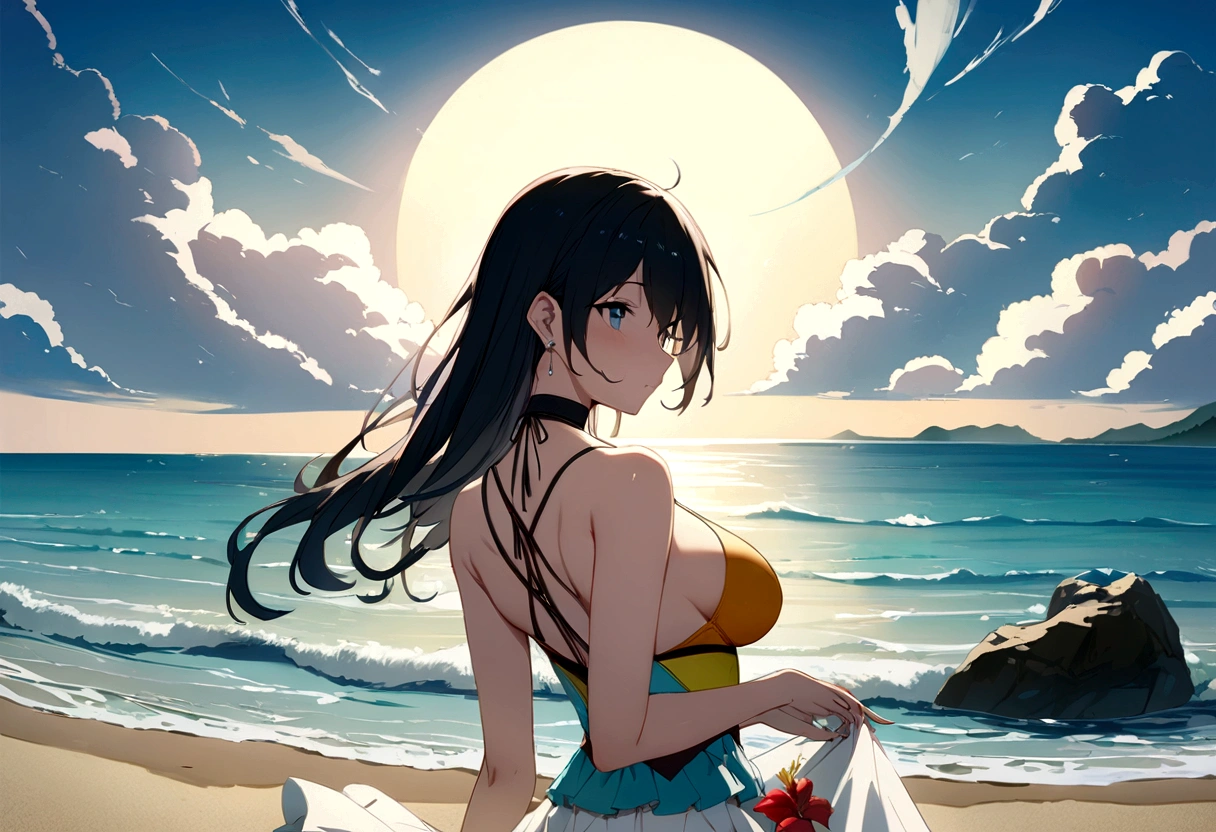 Seaside、Resort、sunny、Everlasting summer、Black-haired woman,anime,masterpiece, Highest quality, High resolution,Xin Haicheng、