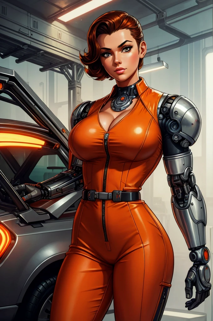 gorgeous mechanic, atompunk, blank background, retro-futurism, mechanical hand, cybernetic augments, orange jumpsuit, gunmetal grey, cleavage