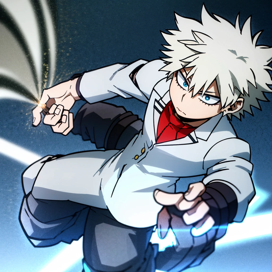 1boy, male focus, solo, muscular body, short hair, spiky hair, white hair, blue eyes, gray jacket, red tie, white shirt, teal pants, boots, handsome