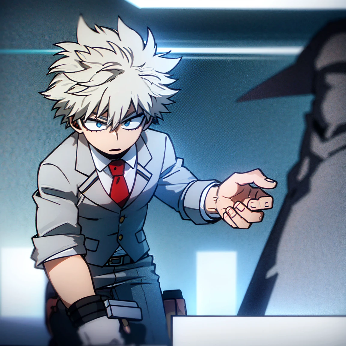 1boy, male focus, solo, muscular body, short hair, spiky hair, white hair, blue eyes, gray jacket, red tie, white shirt, teal pants, boots, handsome