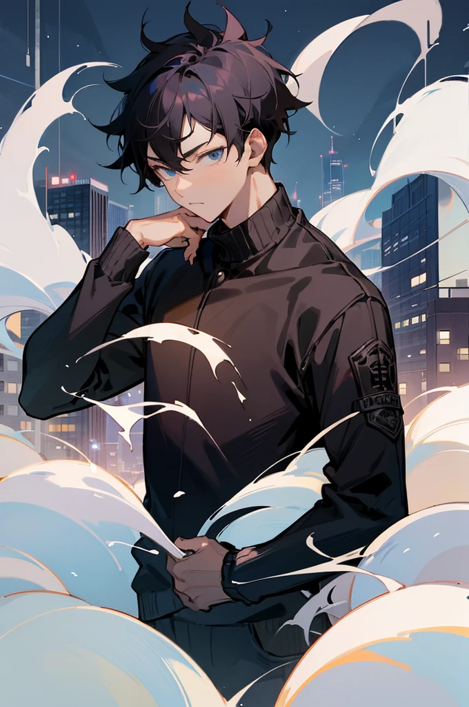 man, young man, man black hair, blue eyes, black sweater, photo in the city at night, anime portrait, night city view, extremely detail, book page flipping.