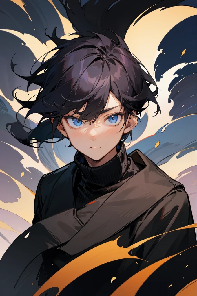 man, young man, man black hair, blue eyes, black sweater, photo in the city at night, anime portrait, night city view, extremely detail, book page flipping.