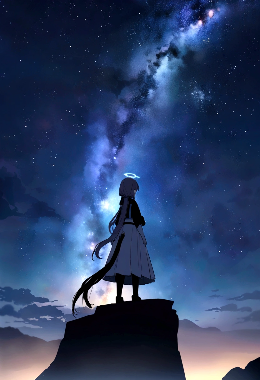 high quality，High detail，Yurina Ao，Dual Horsetail，Night starry sky，Meteors，Cliff,Blue Archives,Hoshino