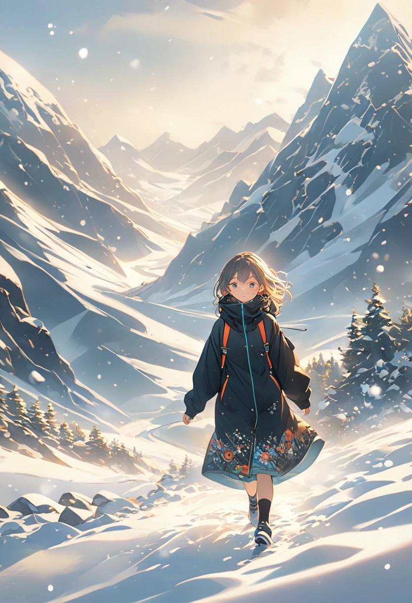 A girl in a black windbreaker is walking slowly in the snowy mountains，snow（（best quality））， （（Intricate details））， （（Surrealism））