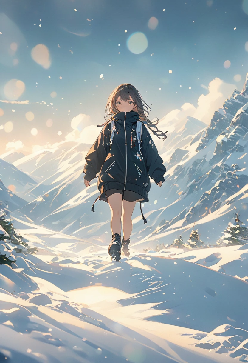 A girl in a black windbreaker is walking slowly in the snowy mountains，snow（（best quality））， （（Intricate details））， （（Surrealism））