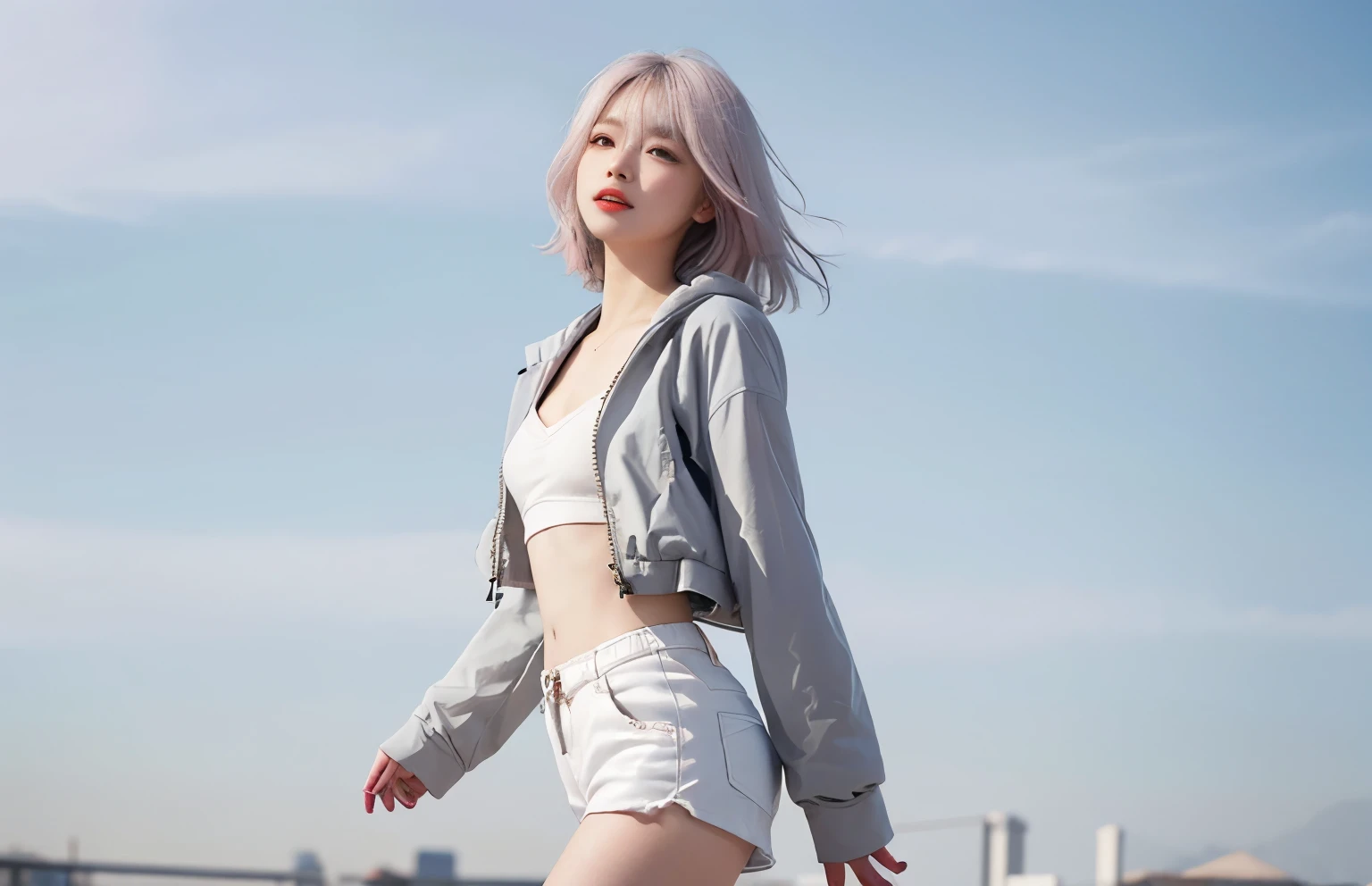 Top image quality、Raw photography、超A high resolution、21-year-old Korean、、Dynamic angles、Cowboy Shots、The most beautiful forms chaos、elegent、Brutalist design、Vibrant colors、a short bob、smil、shiny white skin、Beautiful eyes with random colors、very thin lips、Beautiful eyes in every detail、elongated eyes、pale pink blush、long eyeslashes、Beautiful double eyelids、eyeshadows、bright white hair、a park、parka、hotpants、shot from a side angle、flat chest
