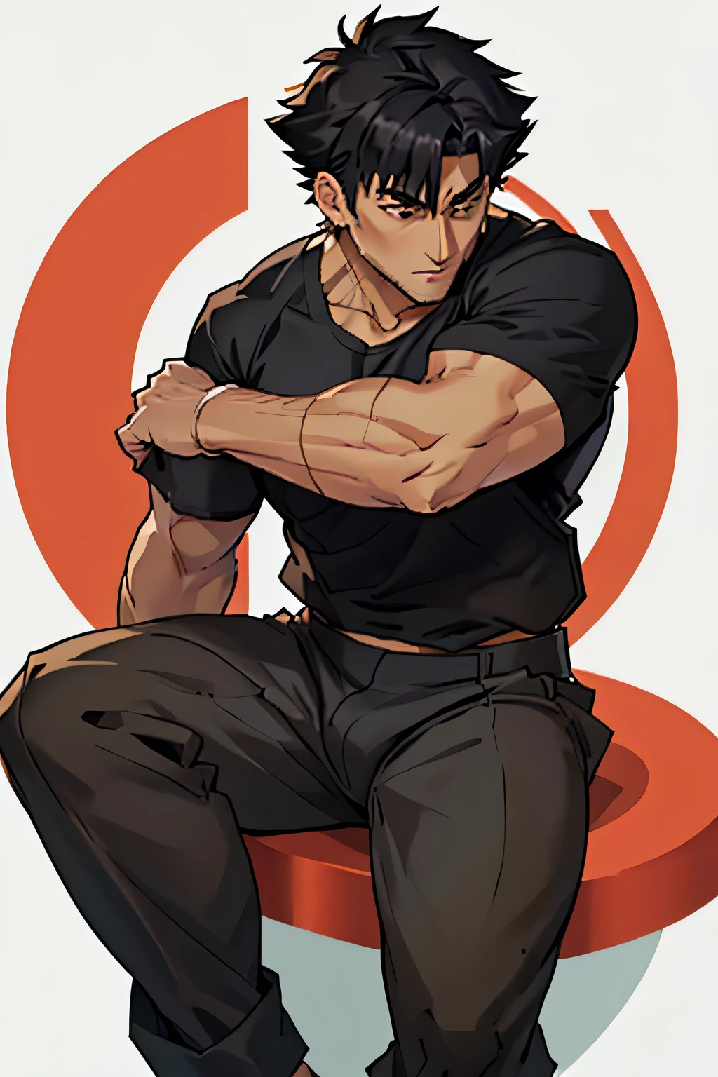 Kiritsugu is sitting and flexing his buff biceps and thighs. He wears black short boxershorts. You can see his thighs completely. He is wearing a black tshirt with short sleeves. His sleeve is rolled up completely, so you can see his entire arm and shoulder. He is admiring his arms. He has a huge bulge. You can see his abs too.