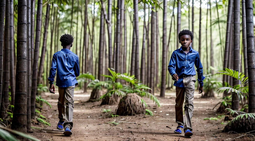 image of a black male teenager, 12 years old - wears a dark gray long-sleeved shirt = no pattern - short curly hair - long pants - wears straw sandals, - runs with his back to the camera - alone in the forest - a Blue morpho butterfly - vbamboo forest