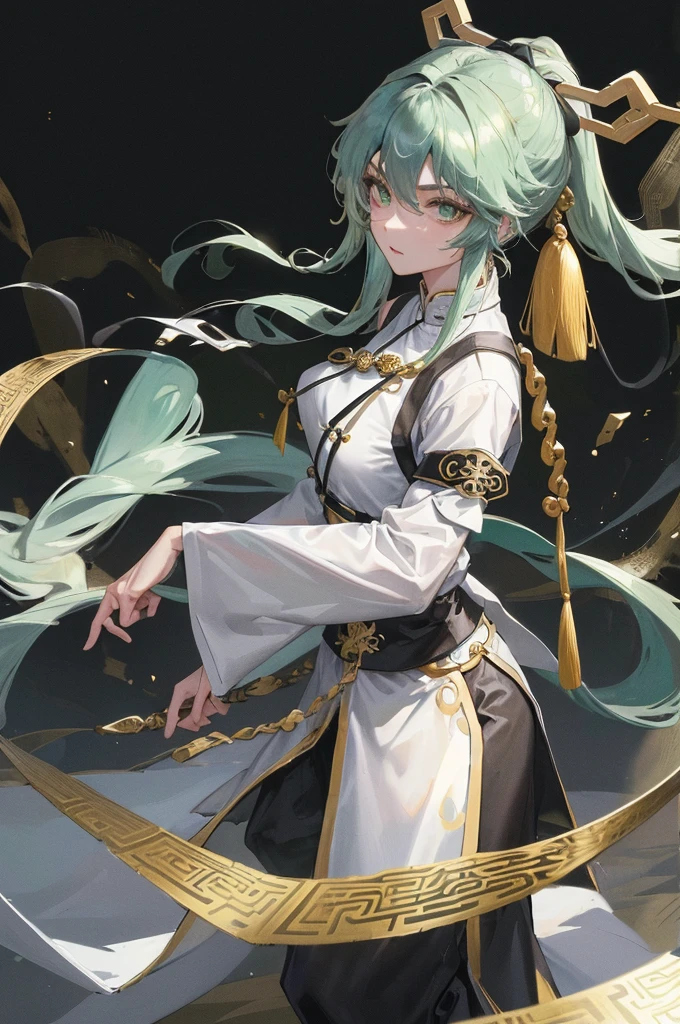 Masterpiece, Best quality, an Adult female, strong, green eyes, long hair, smoky color hair, resolute eyes, white Taoist Taoist uniform, black accessories, sarashi, one shoulderancient, Chinese mix morden, blank background, remove background