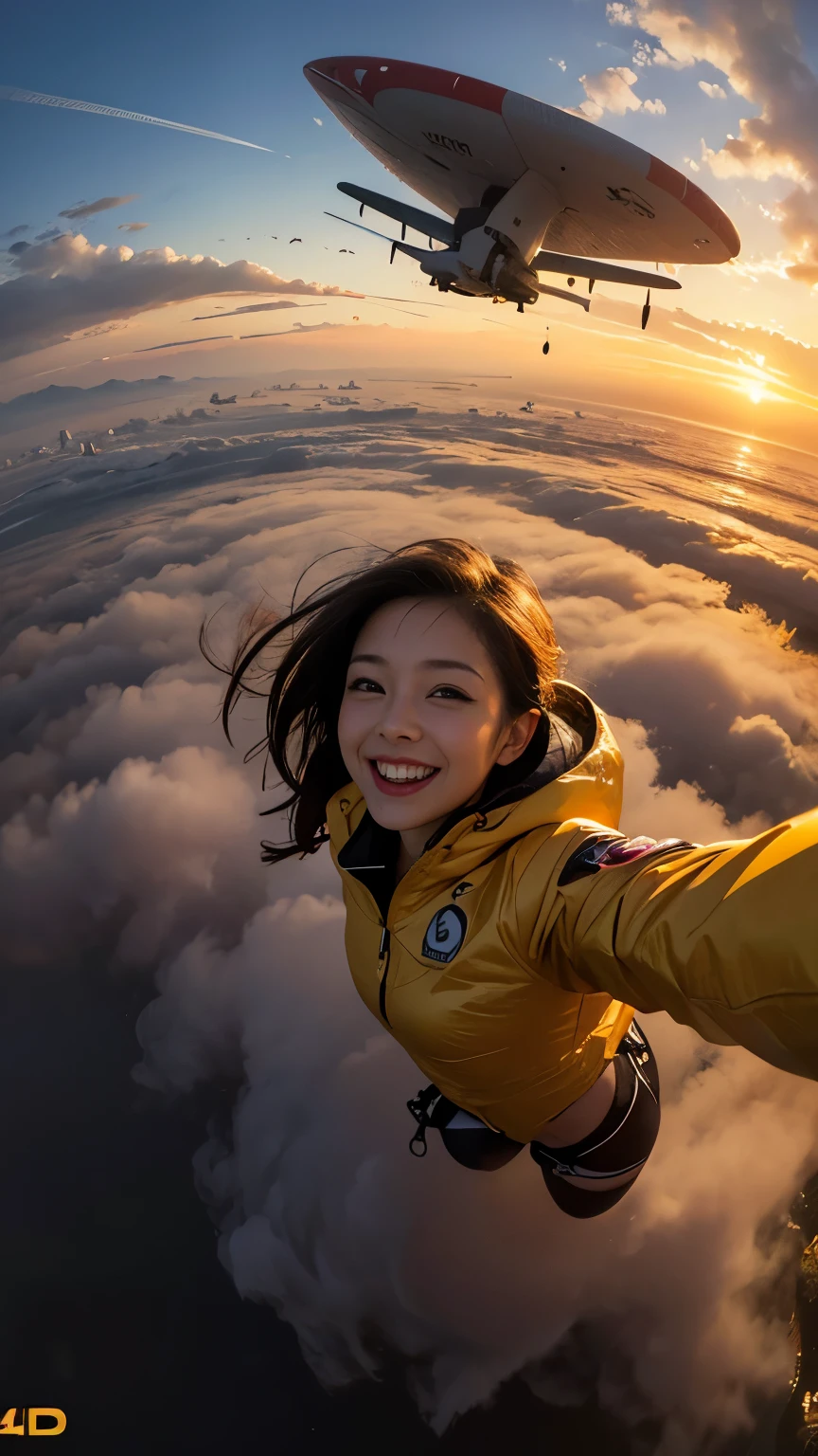 A WOMAN skydiving in air  in lots of yellow clouds city floating on lots of yellow clouds ((masterpiece)), ((best quality))), ((ultra-detailed)), UHD, 8K, ((high resolution))), ((illustration)), ((realistic)), red lips, girl falling skydiving in air in red lace lingerie suit taking selfie on floating city, in background show (Best quality,4K,8K,A high resolution,Masterpiece:1.2), Ultra-detailed,(Realistic,Photorealistic,photo-realistic:1.37), Futuristic floating city, Futuristic technology, Huge high-tech tablet platform,Floating in the sky, Futuristic city, Small airships around, High-tech hemispherical platform, city floating on lots of yellow clouds, city on top of dusty clouds, yellow clouds at bottom, golden orange yellow tones ,sunset, hot weather, girl taking selfie enthusiasm, laughing smiling, girl in yellow spacesuit, dusty environment, hot summer, desert weather. fish eye view,  lots of clouds