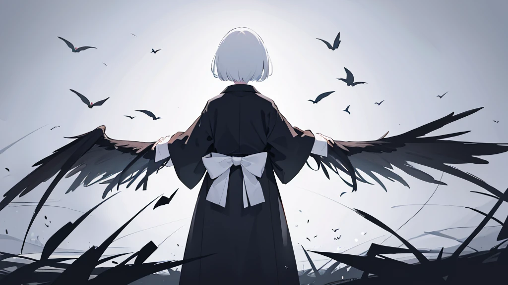 Standing Woman,Black wings on the back,Fluttering back,kimono,force,cool,Gray background