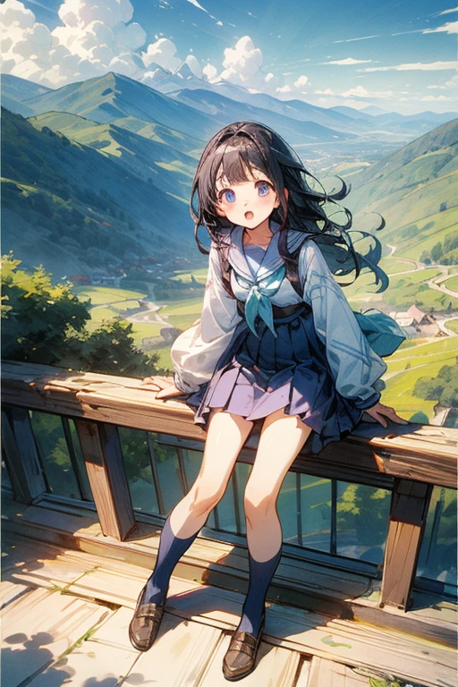 ((Highest quality)), ((masterpiece)), (detailed),whole body、１People Girls、Frozen dessert、Chitanda El、Eye color: Purple、神Mountain高校の制服、Mountain、countryside、Simple、lure、Cowgirl、富Mountain県