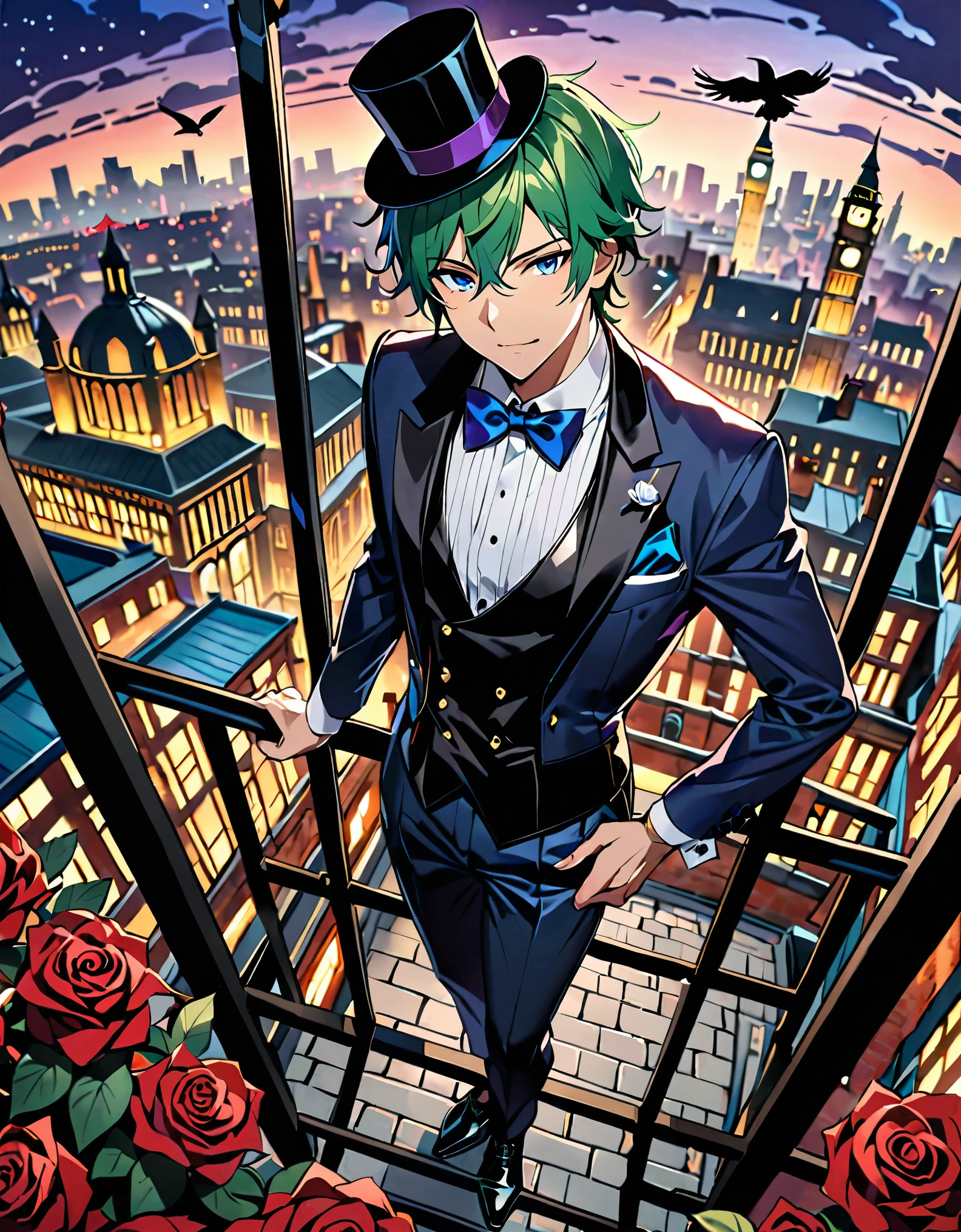 (masterpiece), (best quality), (high res), solo, solo focus, male focus, 1boy, green hair, short hair, purple eyes, beautiful detailed eyes, beautiful detailed face, (perfect hands, complete fingers), perfect anatomy, perfect proportions. top hat, (midnight blue, tuxedo, black single-breasted jacket, black trousers, purple shirt, blue bow tie, black waistcoat, black patent leather oxfords, shoes, cufflinks, boutonnière worn on the lapel), formal, hanging on a hoist ladder, using a pistol that fires red roses with one hand. birds-eye view, cowboy shot, romantic adventure atmosphere inspired by Arsène Lupin. london backdrop, midnight. full body costume design.