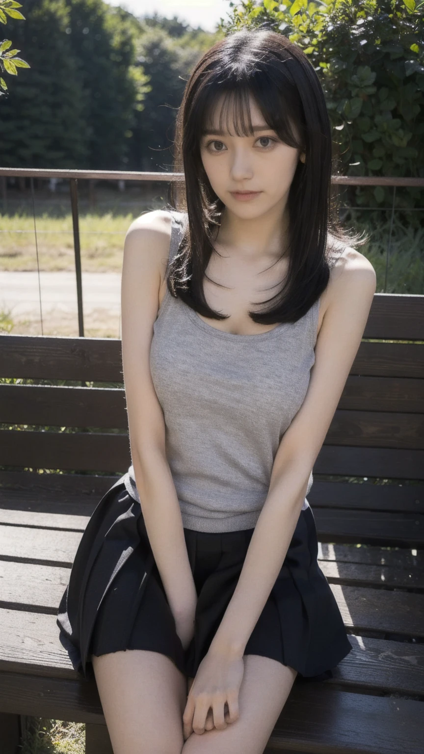 21 years old female, long hair, RAW photo, bokeh (realism: 1.4, realistic), high detail CG unified 8K wallpaper, 1girl, ((slim body)), ((skinny)), ((natural big breast)), back to viewer, ((direct view from the front)), (HQ skin: 1.4), 8k uhd, dslr, soft light, high quality, film grain, Fujifilm XT3, ((knit tank top, black short skirt)), ((outdoor, at park))) jangjoo, portrait,((Layered long Haircut, black hire)),(looking at viewer:1.4),(Full body:1.4), (((height:163cm))), ((sitting in bench)), (perfect legs)