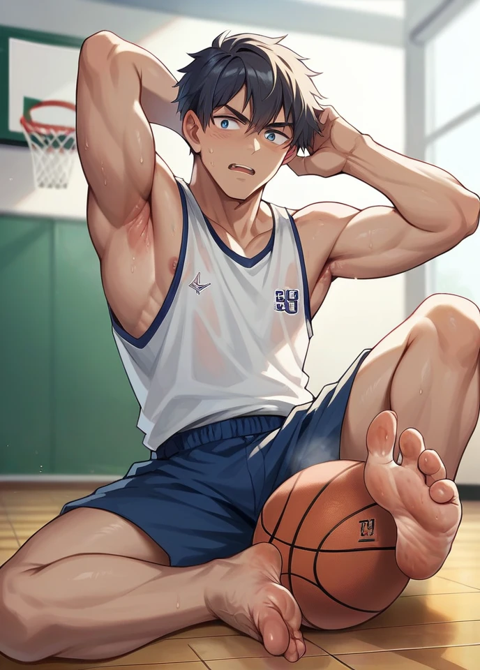 School basketball boy showing smelly
feet and armpit