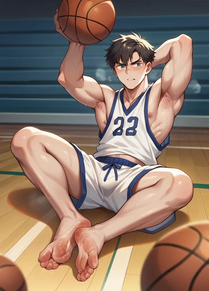 School basketball boy showing feet and armpit 