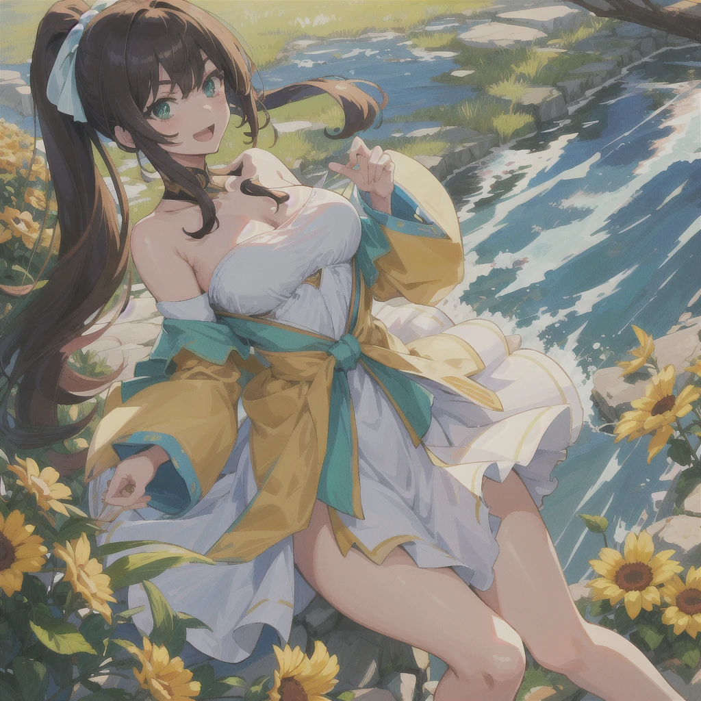 Yellow flowers, anime, cute, shiny, no bra, no panties, show body, vagina