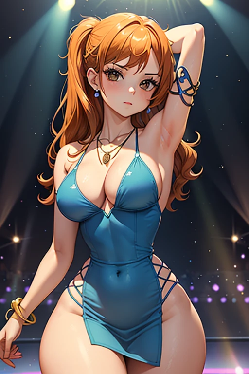(masterpiece), best quality, expressive eyes, perfect face, front lighting, (inside dance with light beams and crowd background), (dancing), (seductive look), (cleavage view), (1girl, Nami, 18 years old, orange hair, long hair, wavy hairstyle, brown eyes, hourglass figure, left shoulder tattoo, skinny body, thin body, petite_body, small breasts, wide hips, thick thighs), (light-blue v-neck strap dress, sleeveless, expossed cleavage, jewelry, necklace, bracelets, earrings),