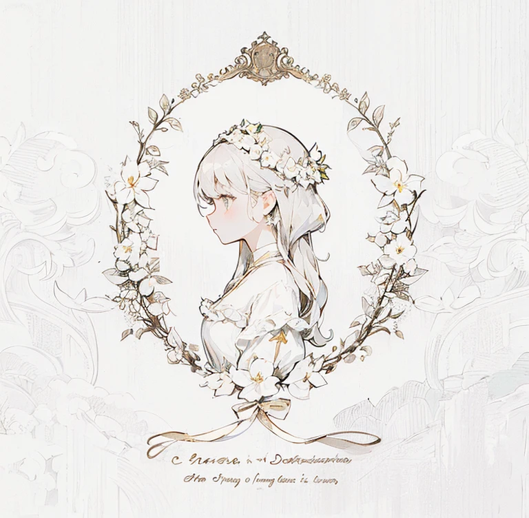 ((masterpiece))),(((Highest quality))),((Super detailed)),(Very delicate beauty: 1.2),profile,Line art,(Vintage Style),There is a picture of a woman in the wreath, Gorgeous wreath,Cute art style, Portrait of a Girl, Traditional drawing style, Beautiful drawing style, Rorish, Cute anime character design,